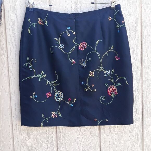 Vintage Allison Taylor Skirt Silk Mini Straight Floral Embroidered Black Size 12 - Picture 4 of 8